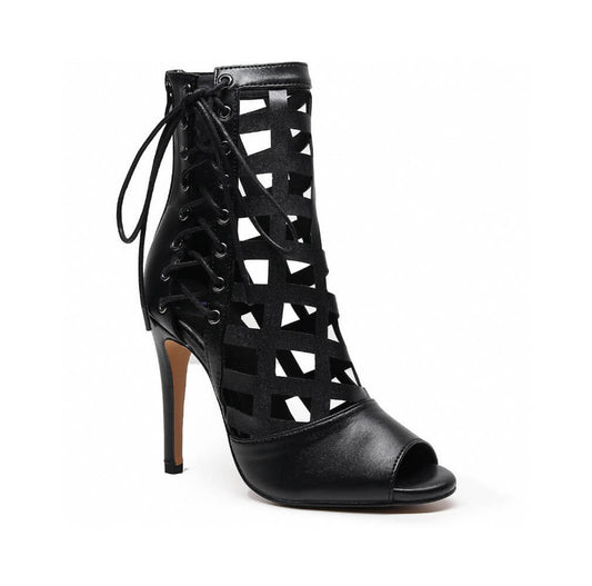 Heel Trap - Vegan Black Leather Open Toe Cage Style Ankle Boot